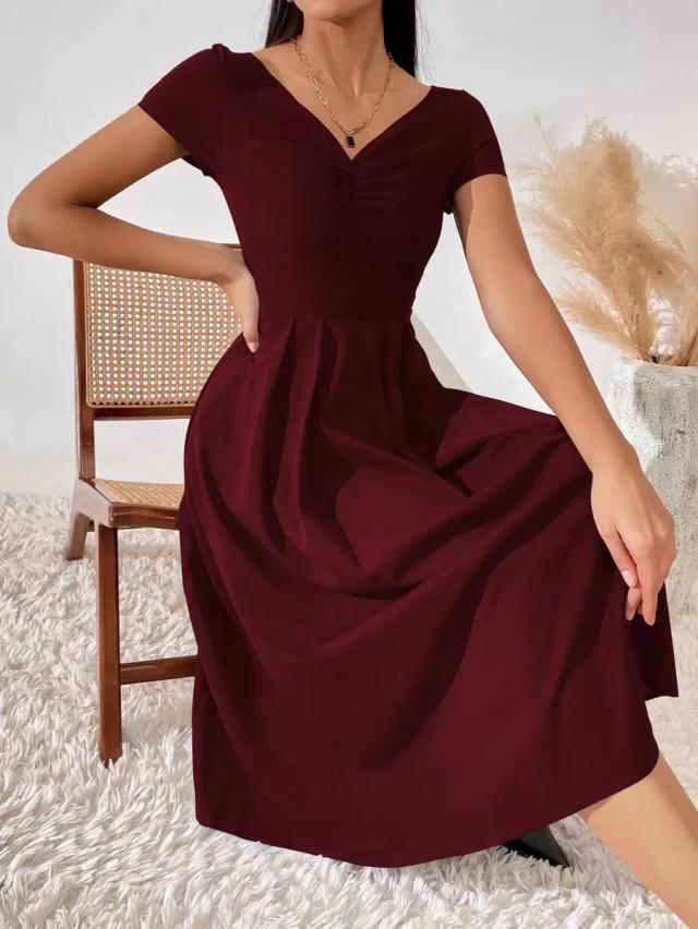 breezaya burgundy red ruched pleated a-line midi dress