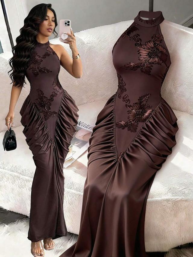 brown floral embroidered mesh jacquard halter evening dress