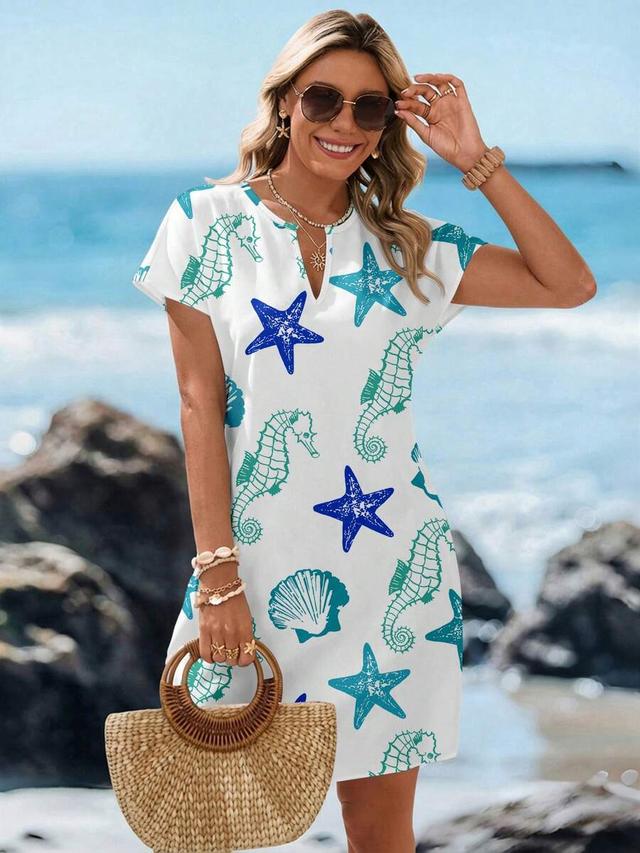 white seahorse and starfish print shift dress