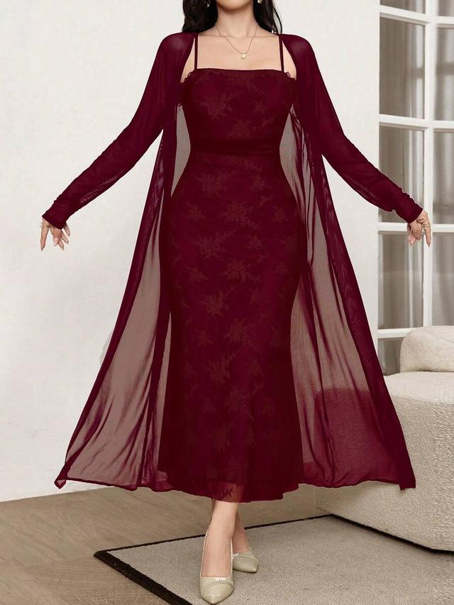 burgundy floral mesh jacket and cami dress set