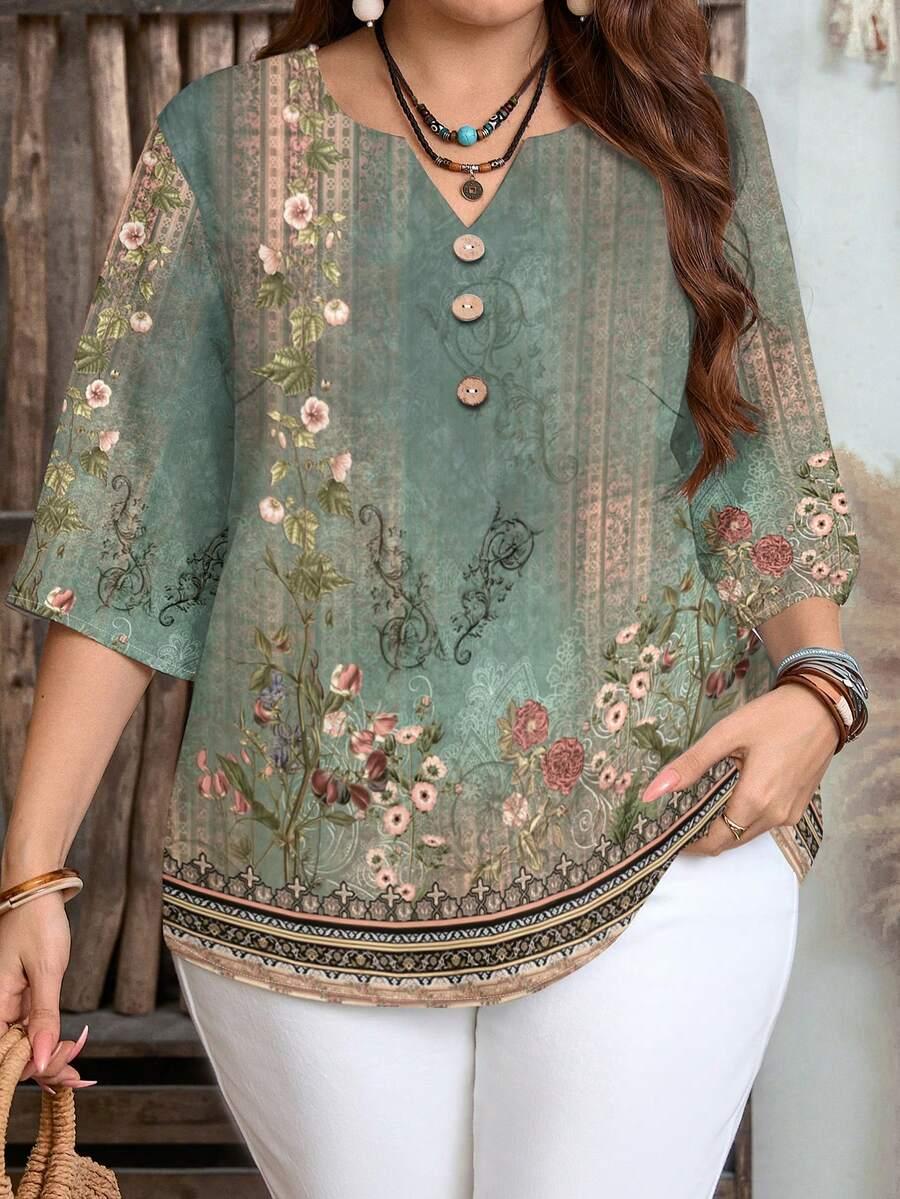 vintage green floral printed notched collar boho blouse