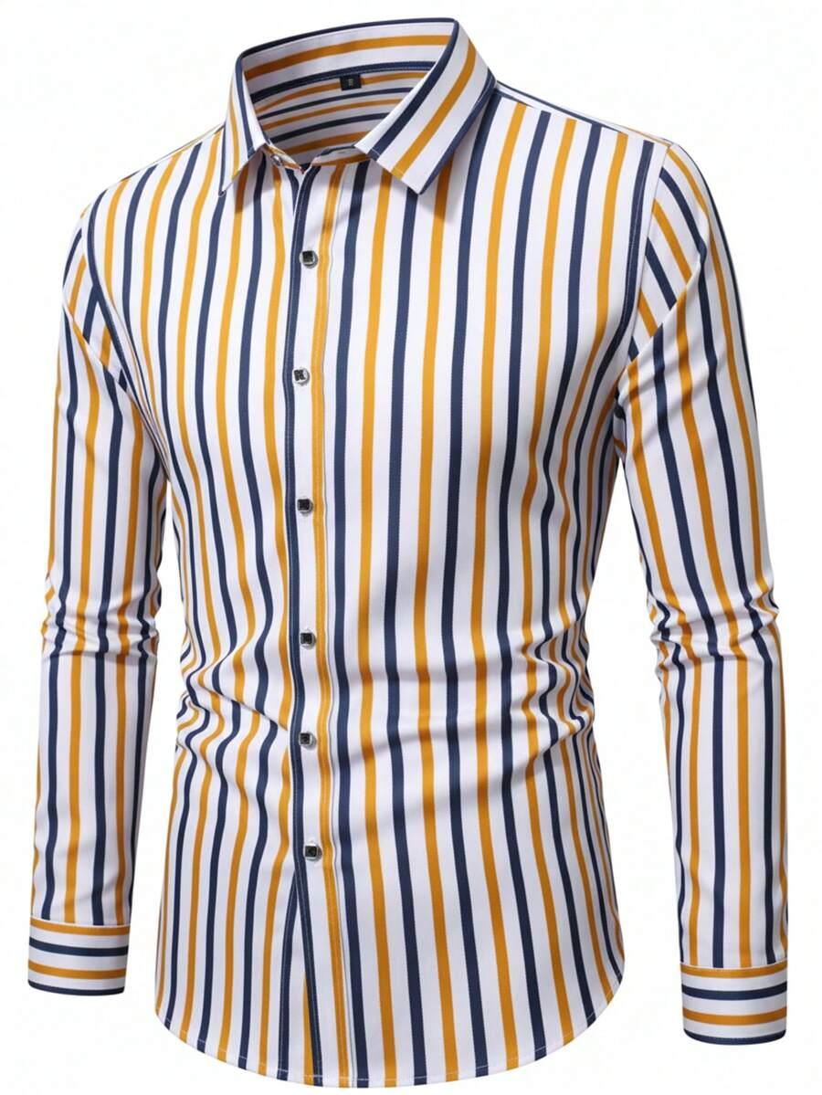 men's long sleeve yellow and navy striped shirt