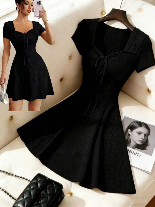 black knitted jacquard slim fit short tea dress