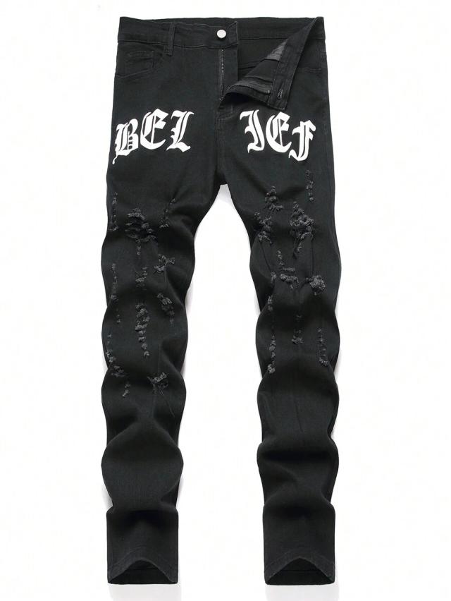 black washed slim fit ripped denim jeans with graphic