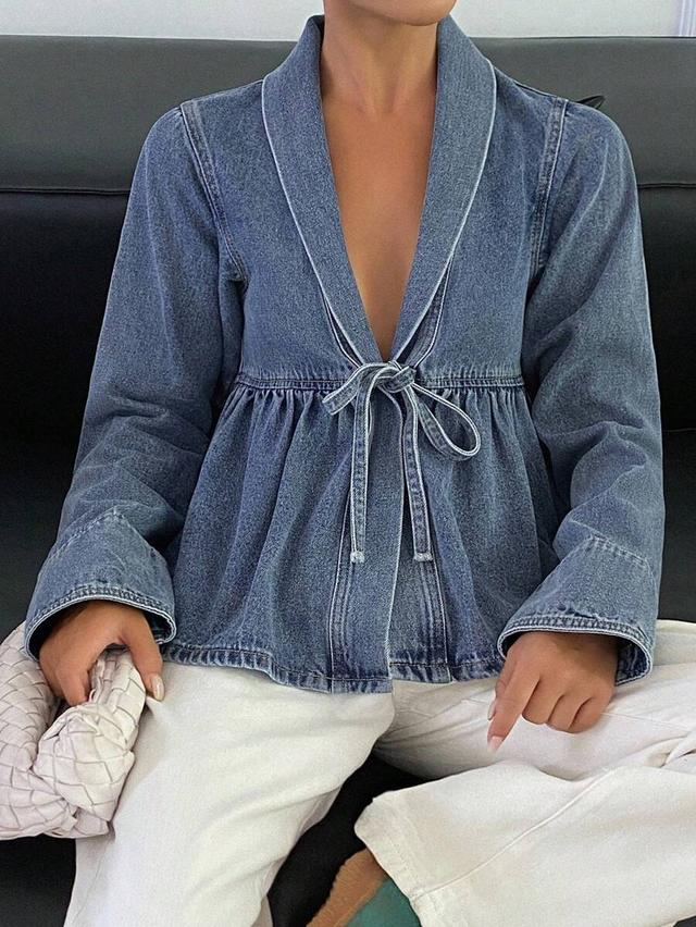 blue denim tie-front peplum long sleeve blouse