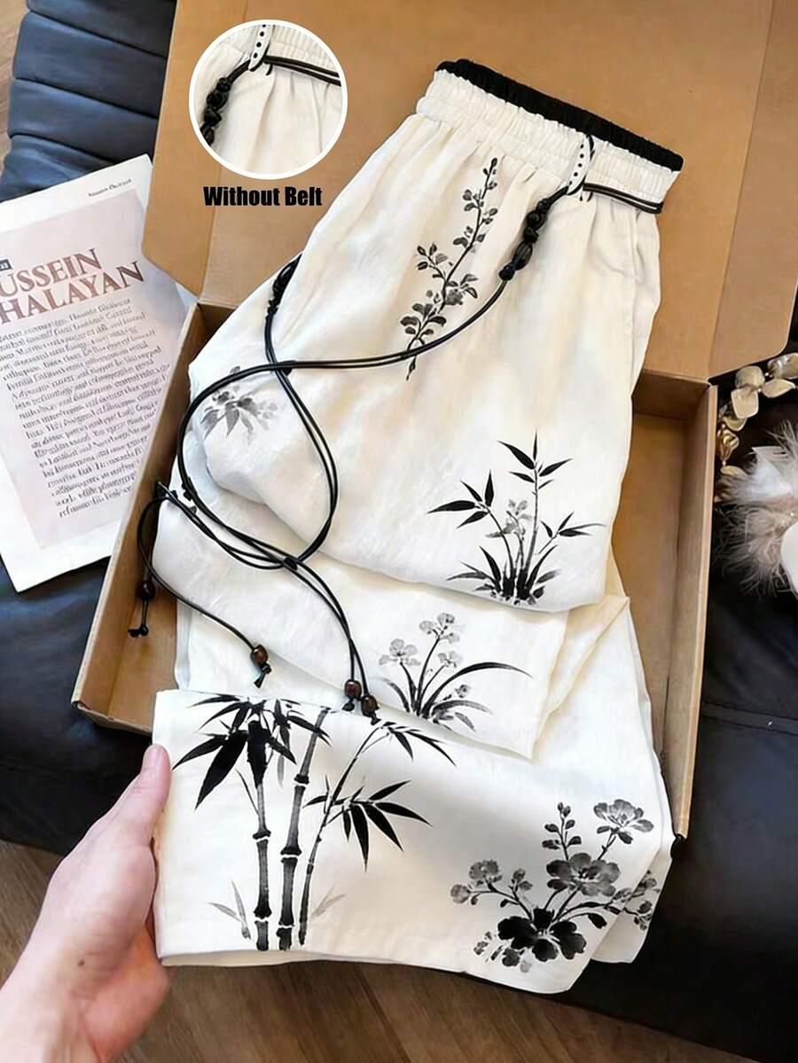 botanical print elastic waist wide leg loose pants
