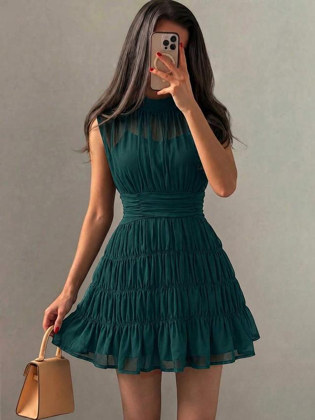 dark green chiffon shirred waist sleeveless party dress