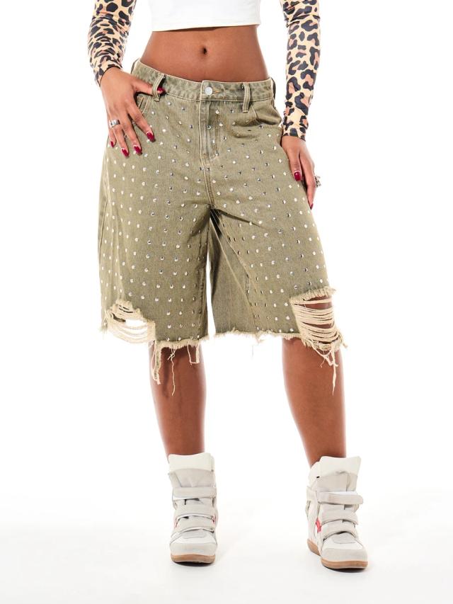 rhinestone embellished distressed denim bermuda shorts