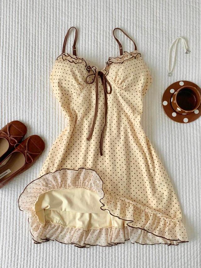 cream brown polka dot spaghetti strap ruffle mini dress