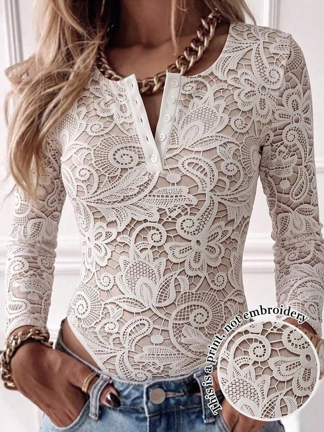 inawly women's lace print button design long sleeve bodysuit