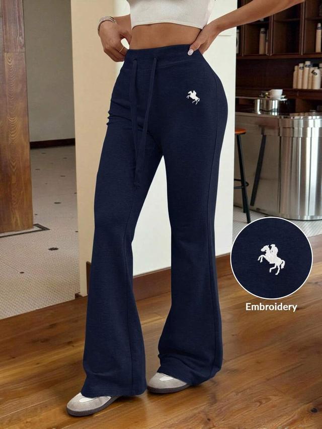 navy blue knit flare lounge pants with tie waist