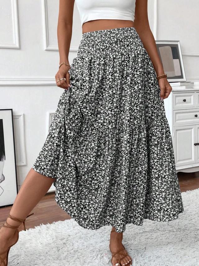 women's long ditsy floral a-line ruffle hem skirt