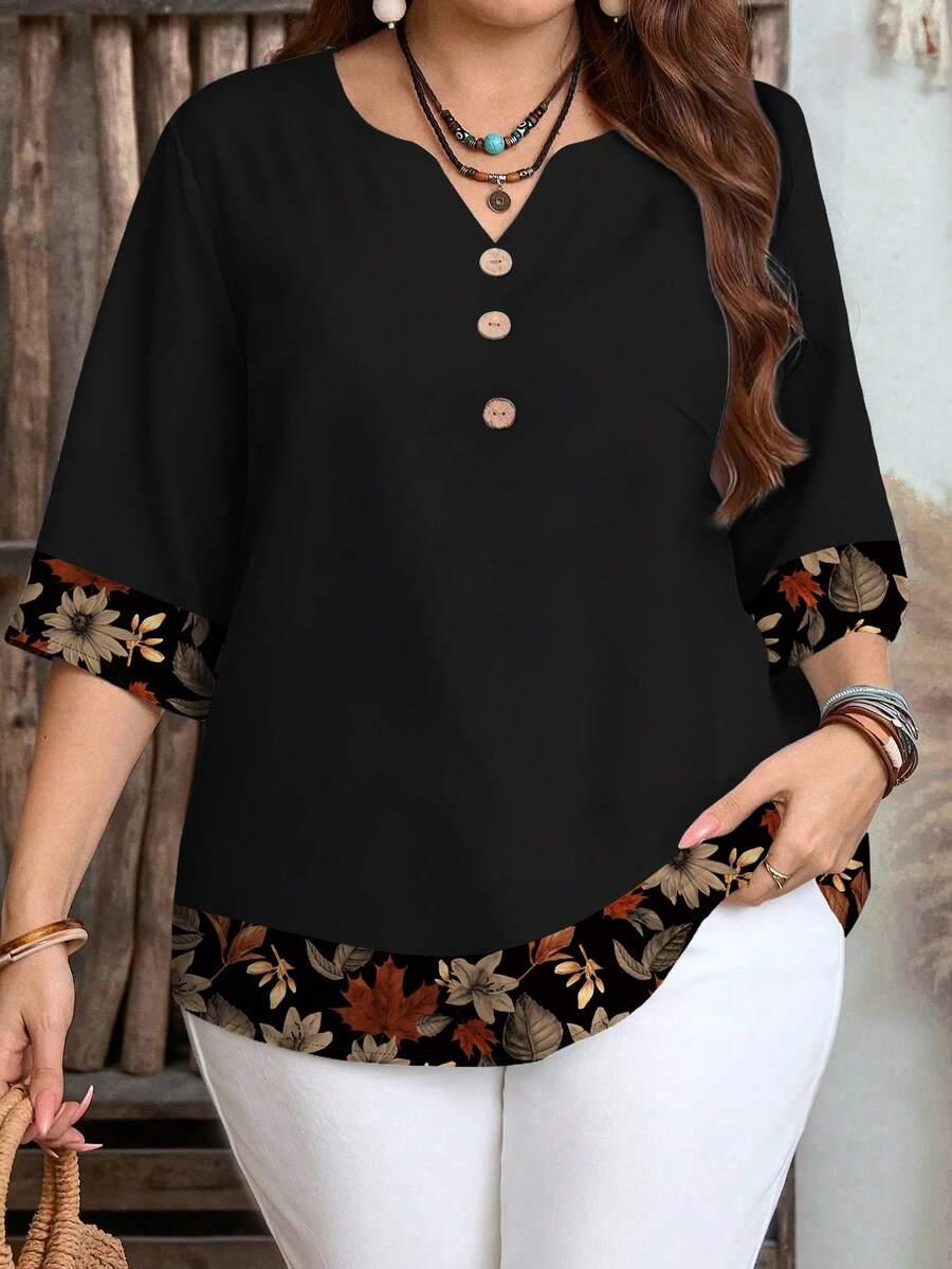 black floral leaf print boho 3/4 sleeve blouse