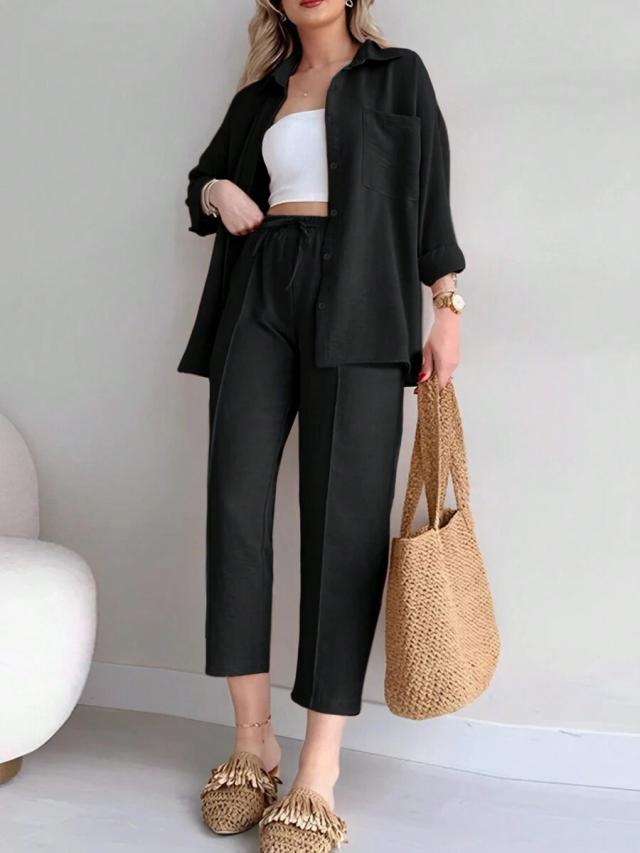 women's black casual loose shirt and trousers set
