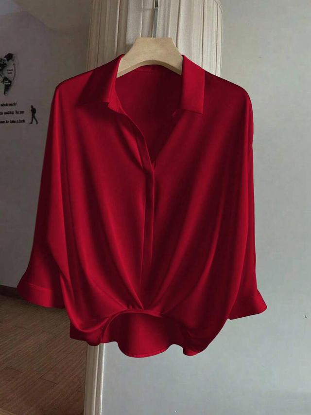 red elegant casual 3/4 sleeve pleated hem blouse