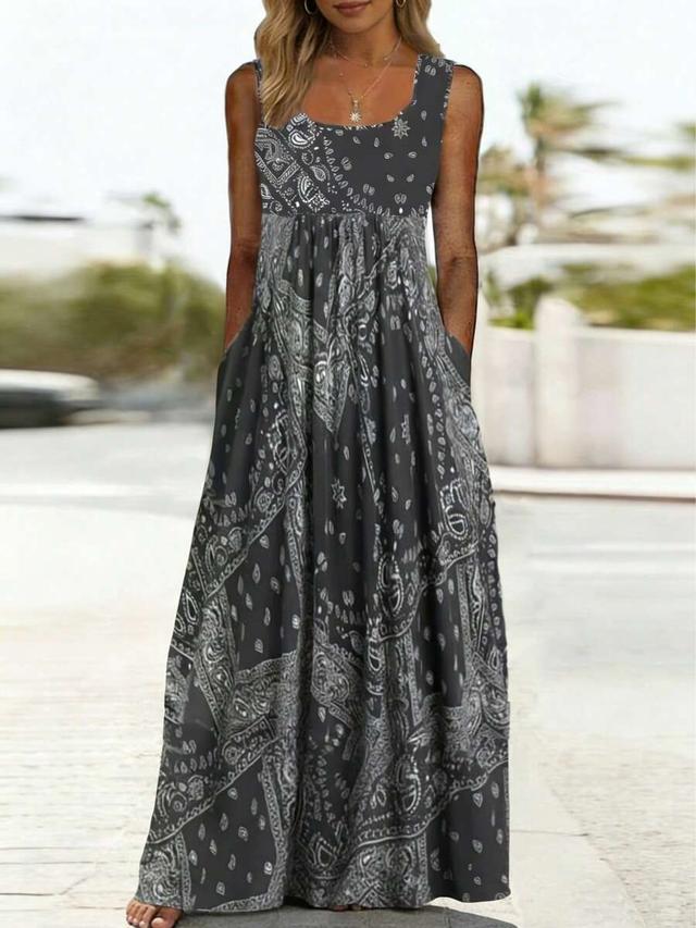 grey paisley print sleeveless maxi dress