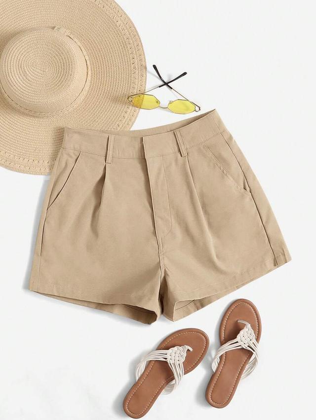 beige high-waisted pleated tailored shorts