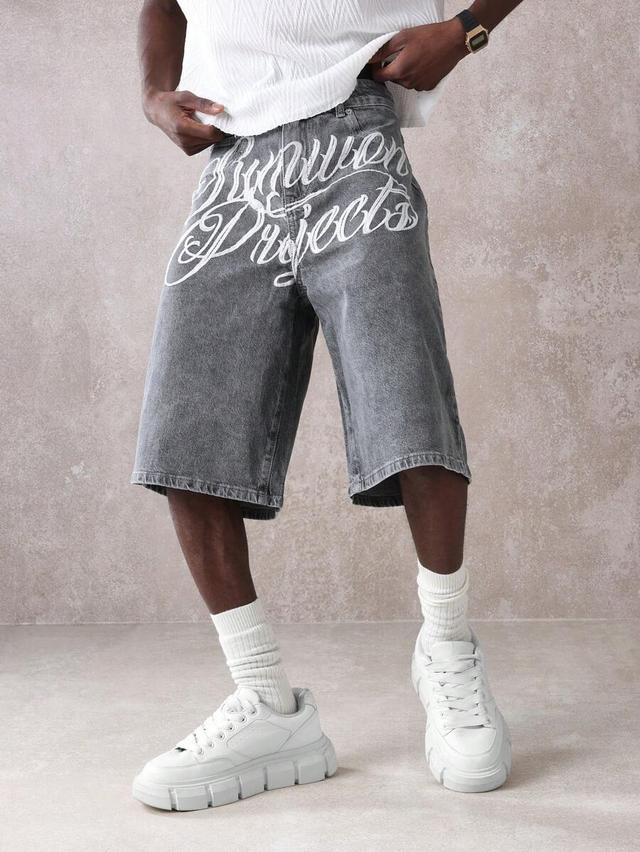 grey graffiti script embroidered baggy denim bermuda shorts