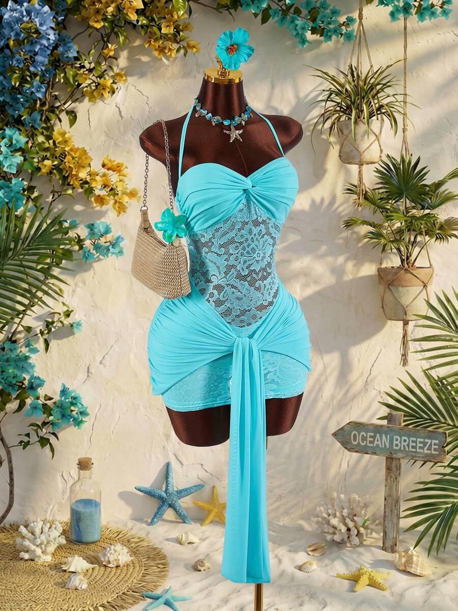 turquoise halter neck lace and jersey mini dress