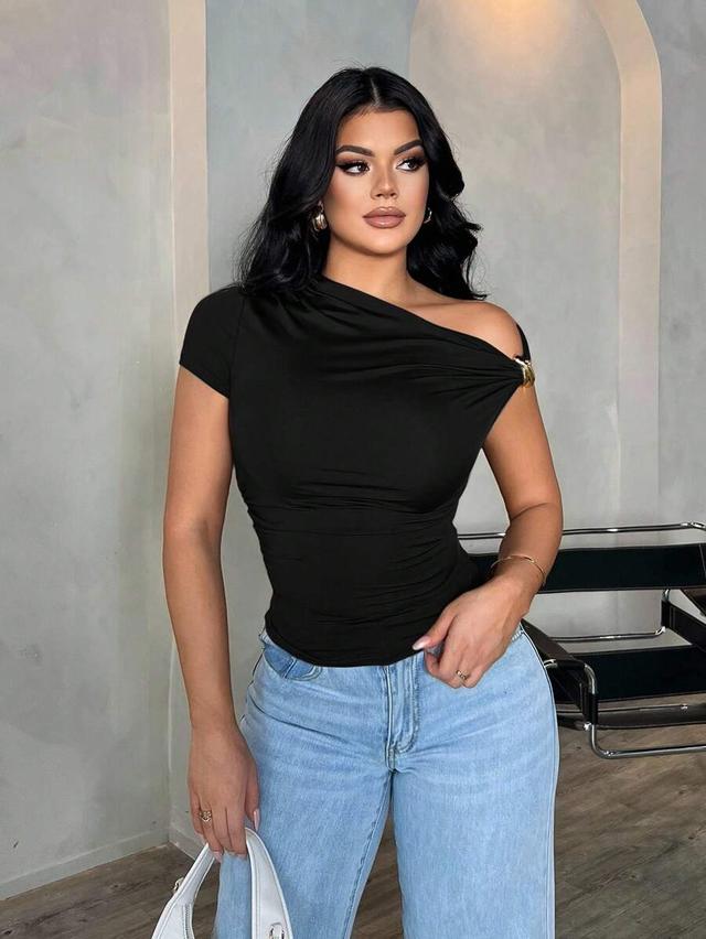 black minimalist brown asymmetric neck short sleeve top