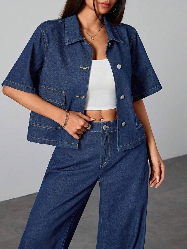 solid dark blue denim short sleeve button blouse