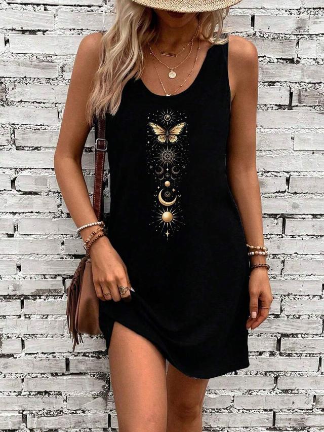 casual black minimalist star moon butterfly print yoga dress