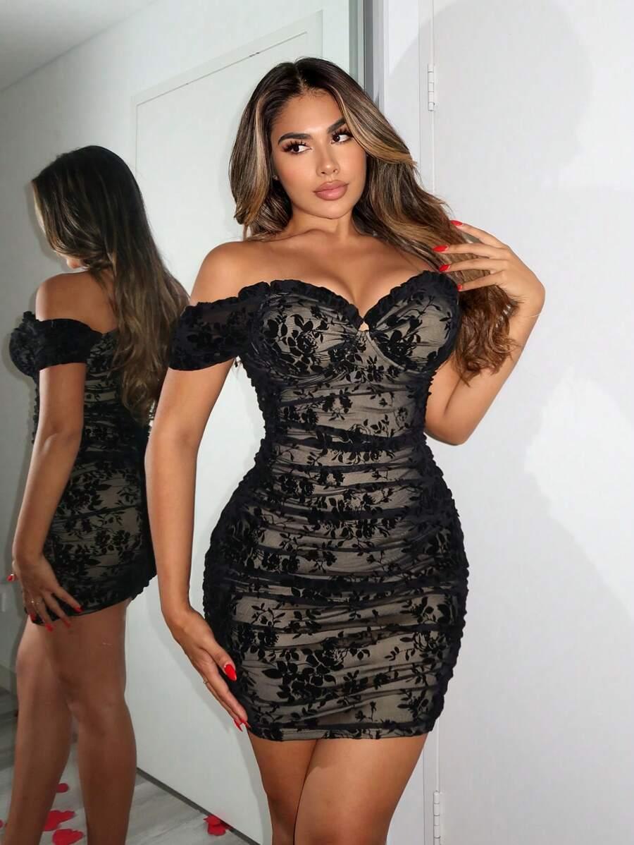 black off-shoulder floral flocked mesh bodycon dress