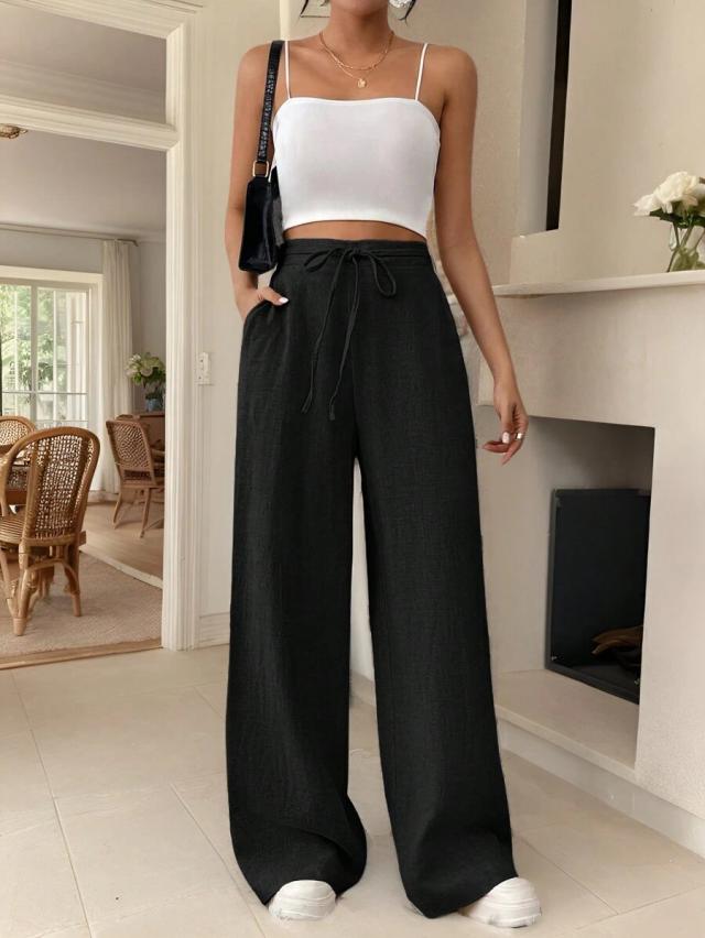 black linen blend drawstring wide-leg trousers