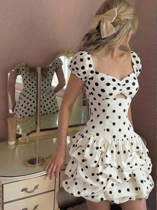 sweetheart collar polka dot twist mini dress