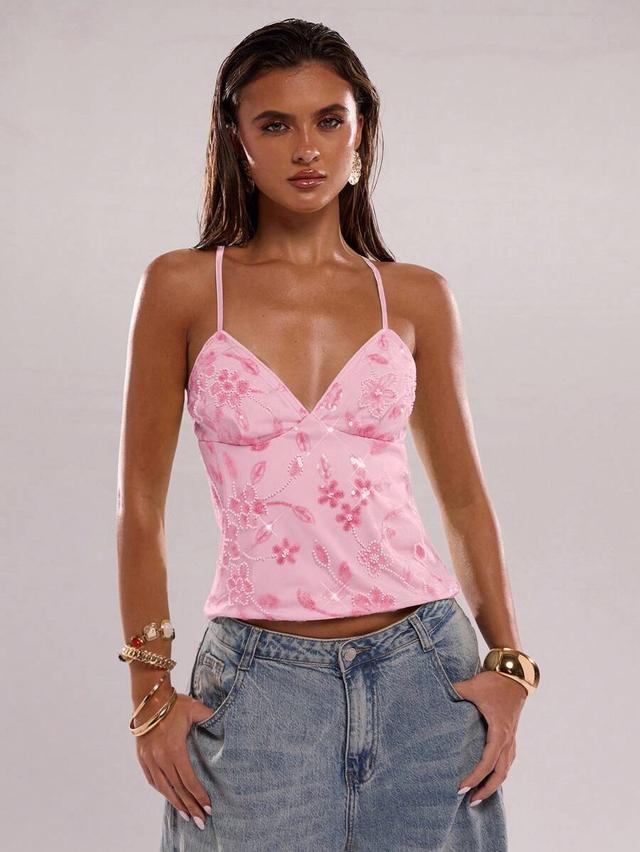 pink floral sequin embellished cami top