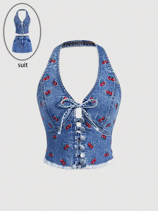 cherry embroidery front button halter denim top