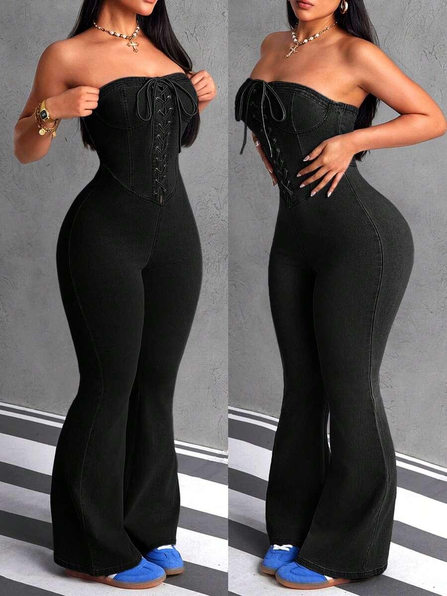 black denim strapless lace-up corset jumpsuit