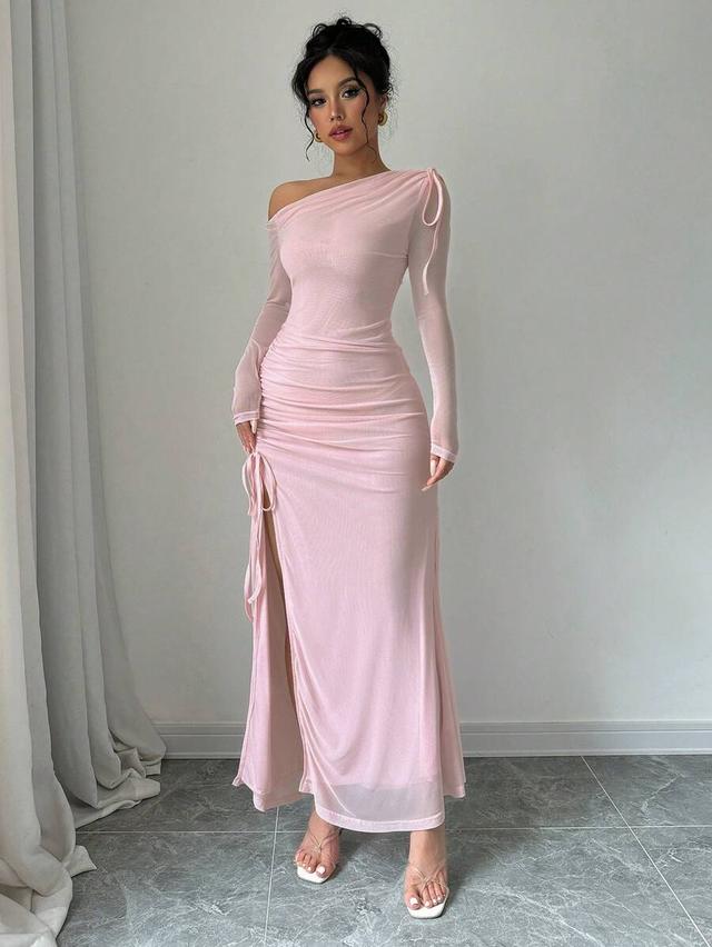pink draped drawstring asymmetric long sleeve maxi dress