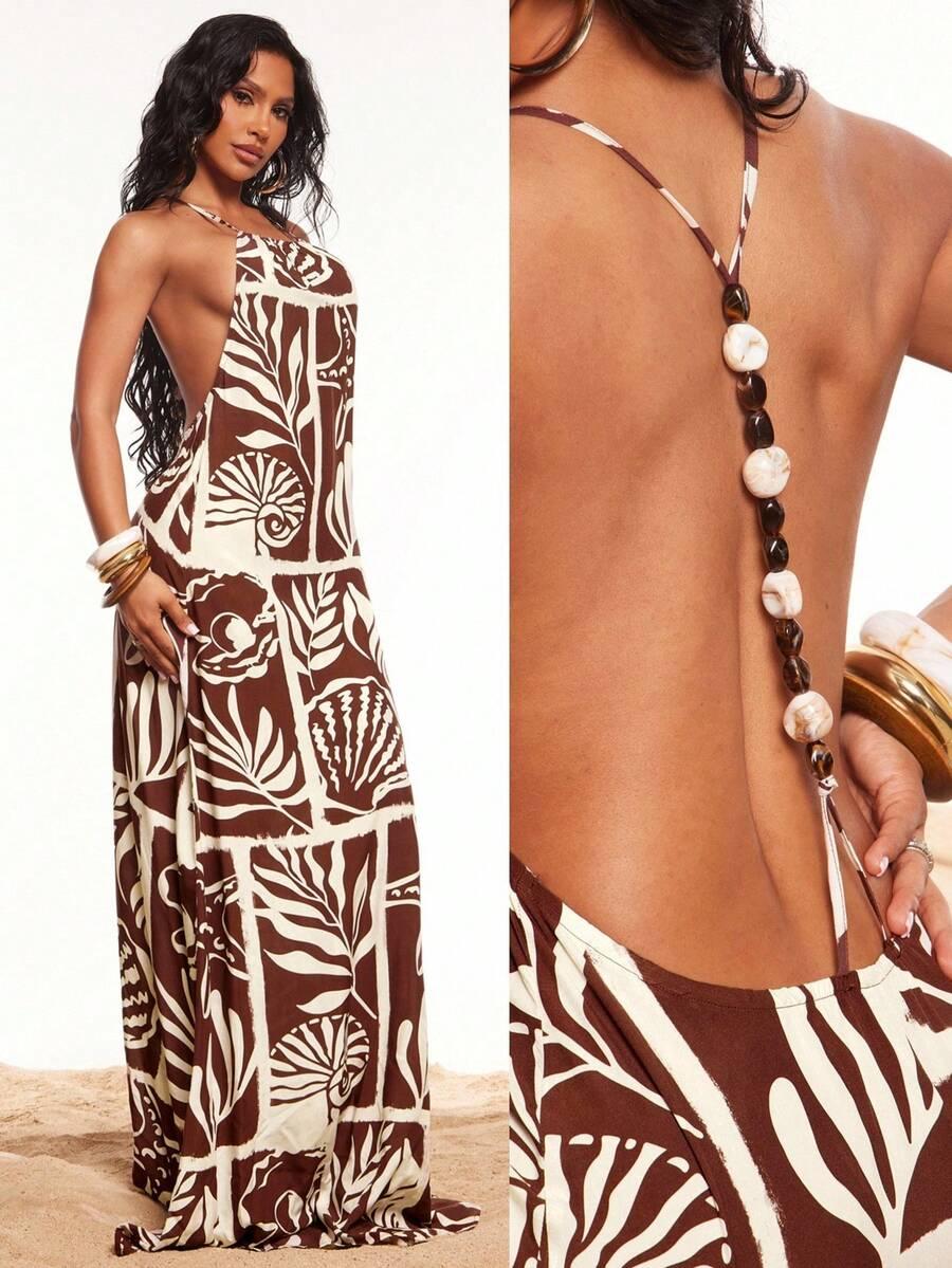 brown and cream printed halter neck maxi dress