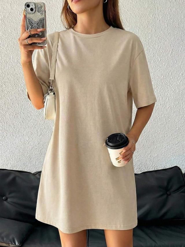 casual loose round neck short sleeve khaki t-shirt dress