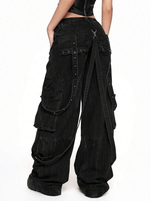 punk retro cargo wide-leg black denim jeans
