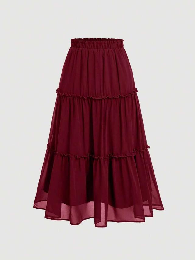 burgundy tiered ruffle hem midi skirt