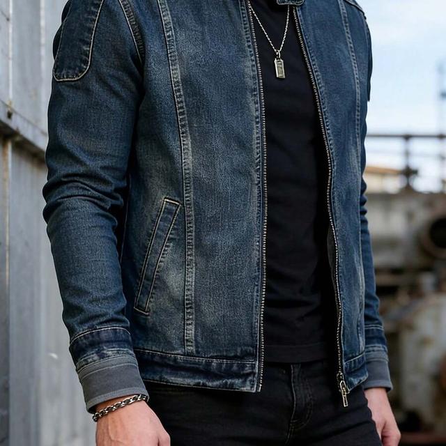 men's vintage washed slim fit denim cargo jacket