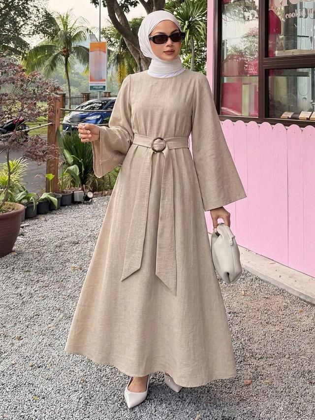 dazy casual loose long sleeve beige linen dress
