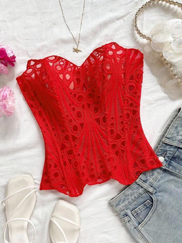 red lace corset bustier with intricate hollow embroidery