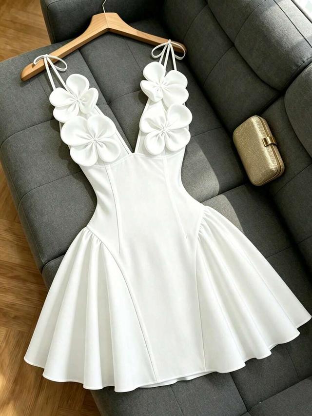 white mini dress with 3d floral applique