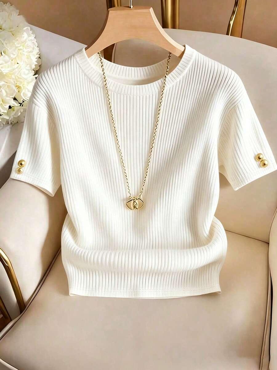 elegant white ribbed knit round neck t-shirt