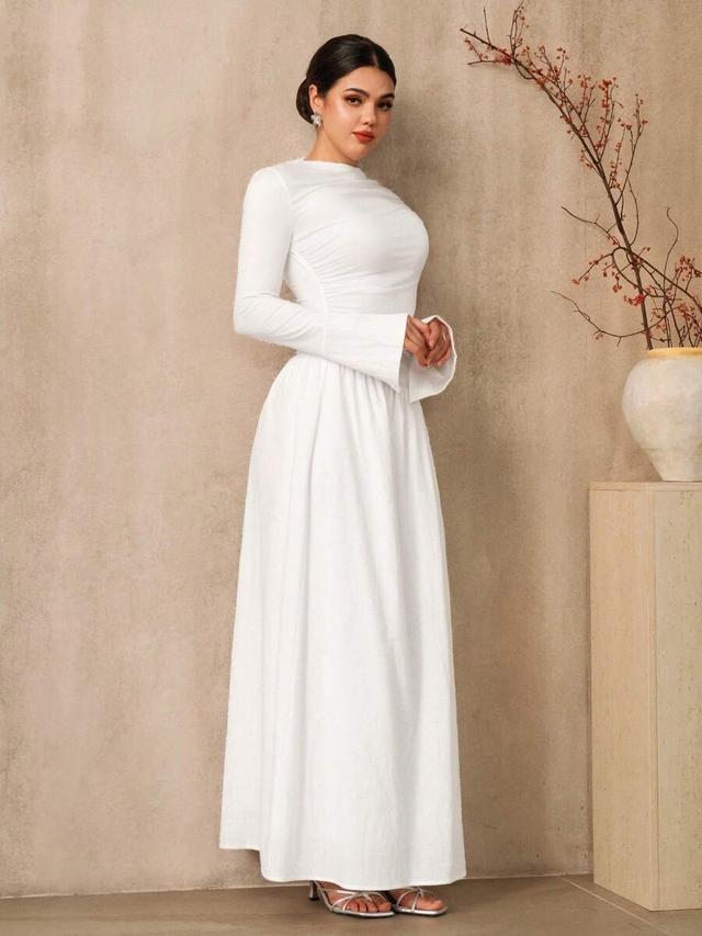 elegant solid white long sleeve bell sleeve dress