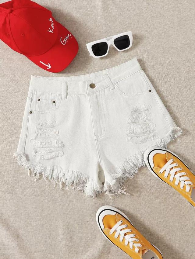 white denim frayed hem distressed shorts