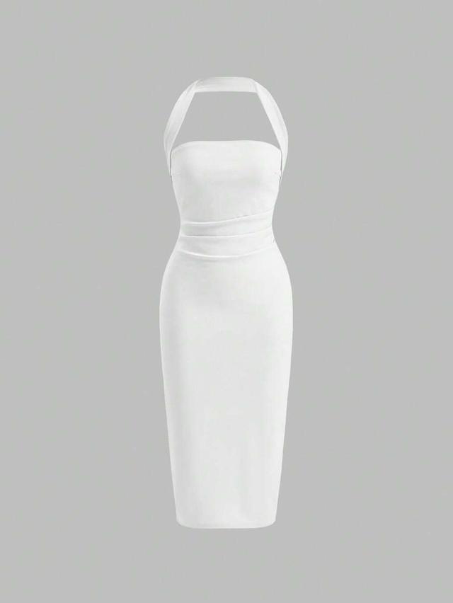 solid white ruched halter neck backless bodycon dress