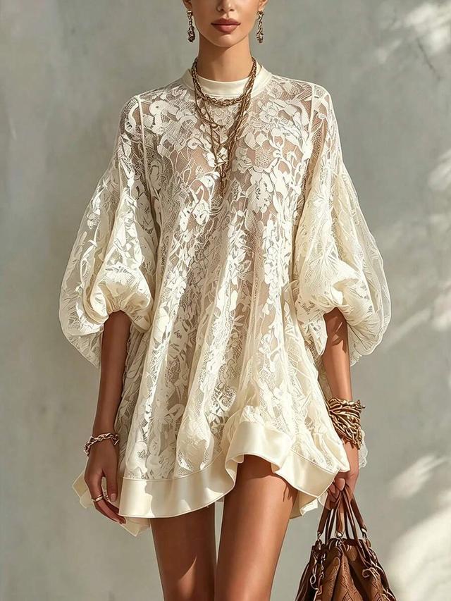 ivory lace mini dress with voluminous sleeves