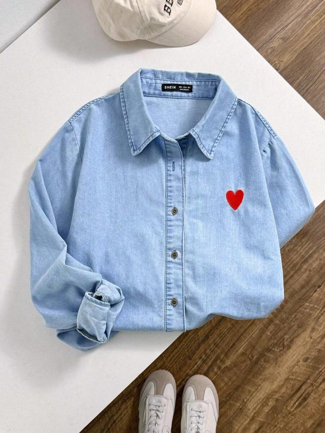 light wash denim button down shirt with heart patch