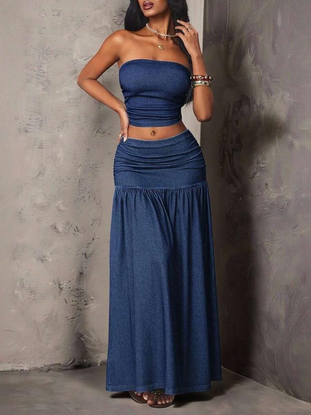 ruched denim maxi skirt with drop waist