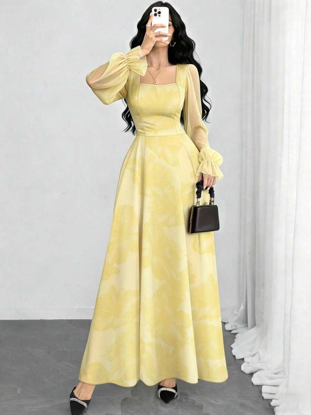 light yellow floral square neck lantern sleeve maxi dress