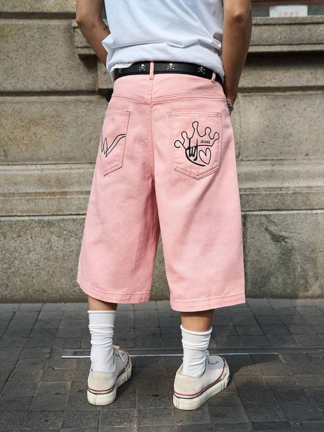 pink casual loose fit printed denim wide leg shorts
